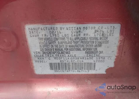 2016 Nissan Versa 1.6 S/1.6 S+/1.6 Sl/1.6 Sv from USA, damaged, VIN 3N1CN7AP7GL867463